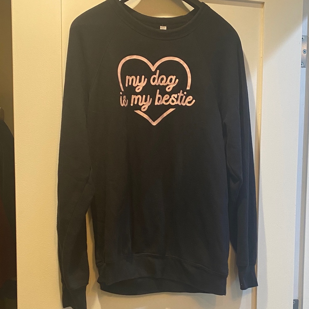 Black fleece Sweatshirt with Pink Heart Graphic. Ladies large